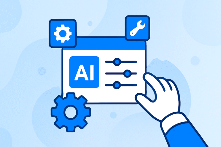Robotic hand adjusting sliders and gear icons on an AI tools dashboard with a blue and white tech background.