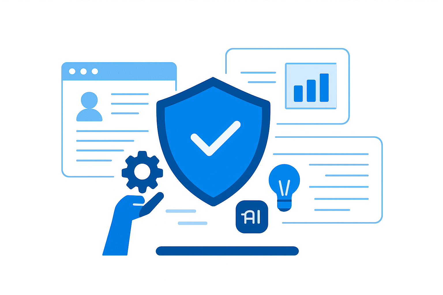 Blue shield surrounded by AI and data icons, browser panels, and a gear-holding hand on a white background.