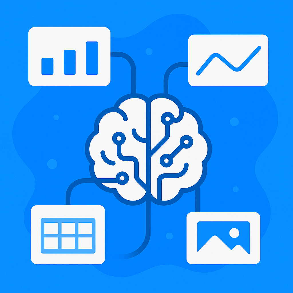 AI brain connected to charts, spreadsheets, and image data on a blue tech-themed background.