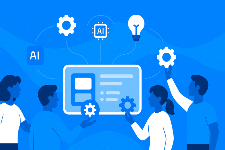 People contributing ideas like gears and lightbulbs to a central AI interface on a clean blue tech-themed background.