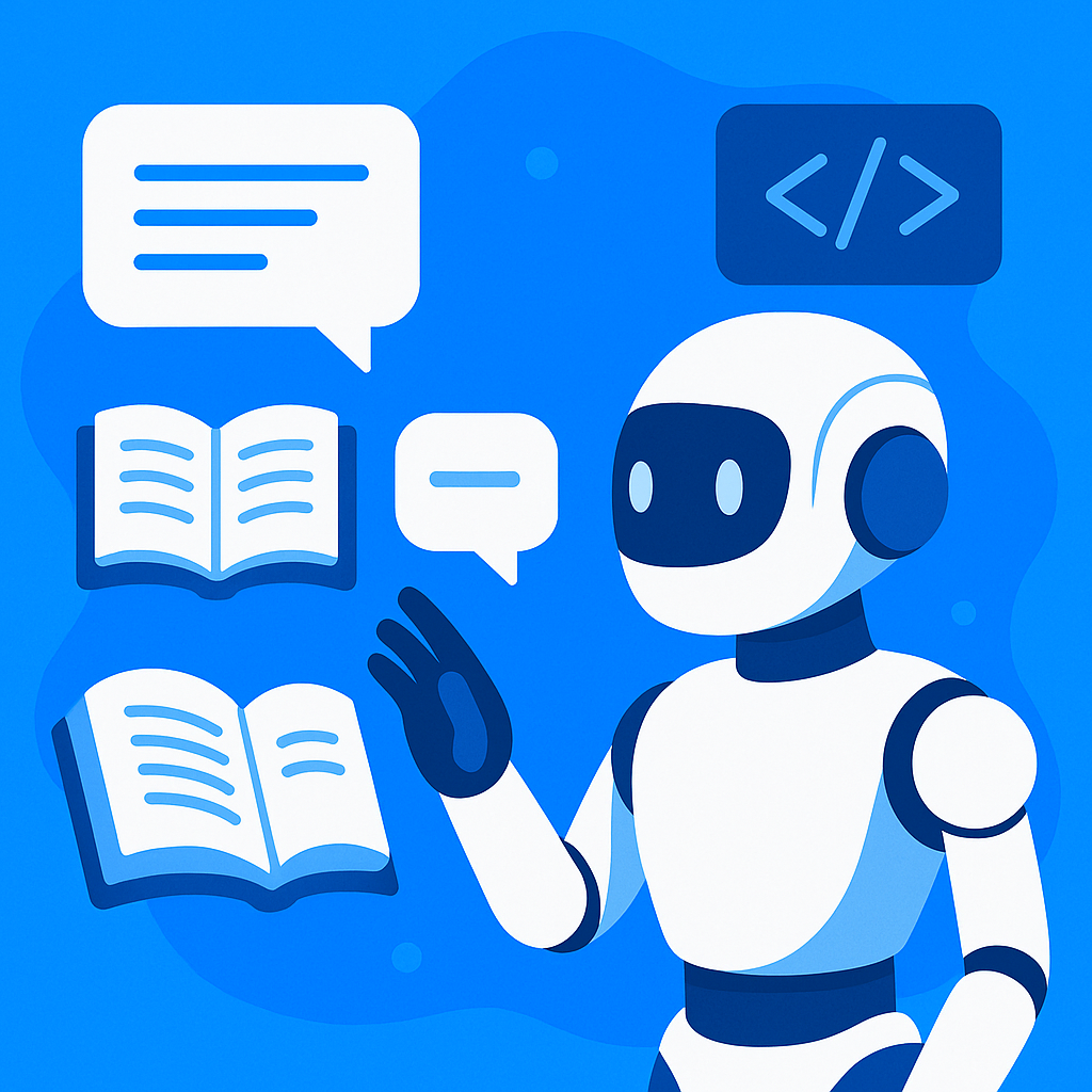 AI robot interacting with speech bubbles, books, and code elements on a bright blue tech-themed background.