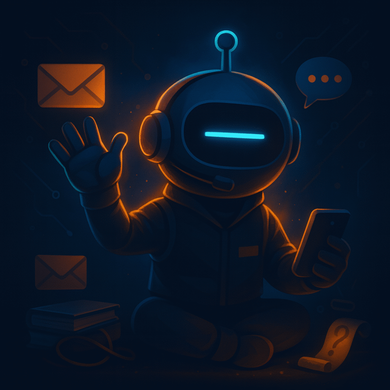 AInstain robot with a single long cyan dash eye waves and holds a smartphone, surrounded by glowing orange envelope icons, a chat bubble, books, cables, and a scroll in cinematic blue-orange lighting.