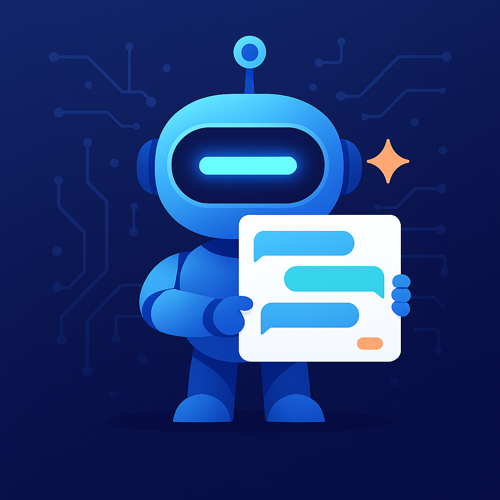 AI robot mascot holding a chat interface panel with speech bubbles on a dark blue circuit-patterned background.