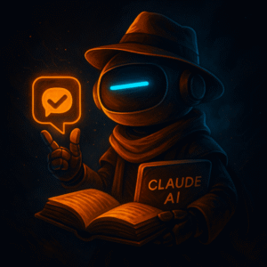 AInstain robot with a single long cyan dash eye, wearing a fedora and scarf, holds an open “Claude AI” book and points to a glowing orange chat bubble with a check mark against a dark sci-fi library backdrop.
