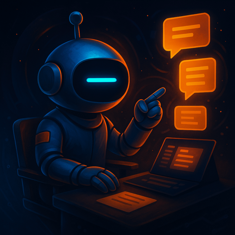 AInstain robot with a single long cyan dash eye sits at a desk pointing to glowing orange chat bubbles and a document preview on a tablet in cinematic blue-orange lighting.