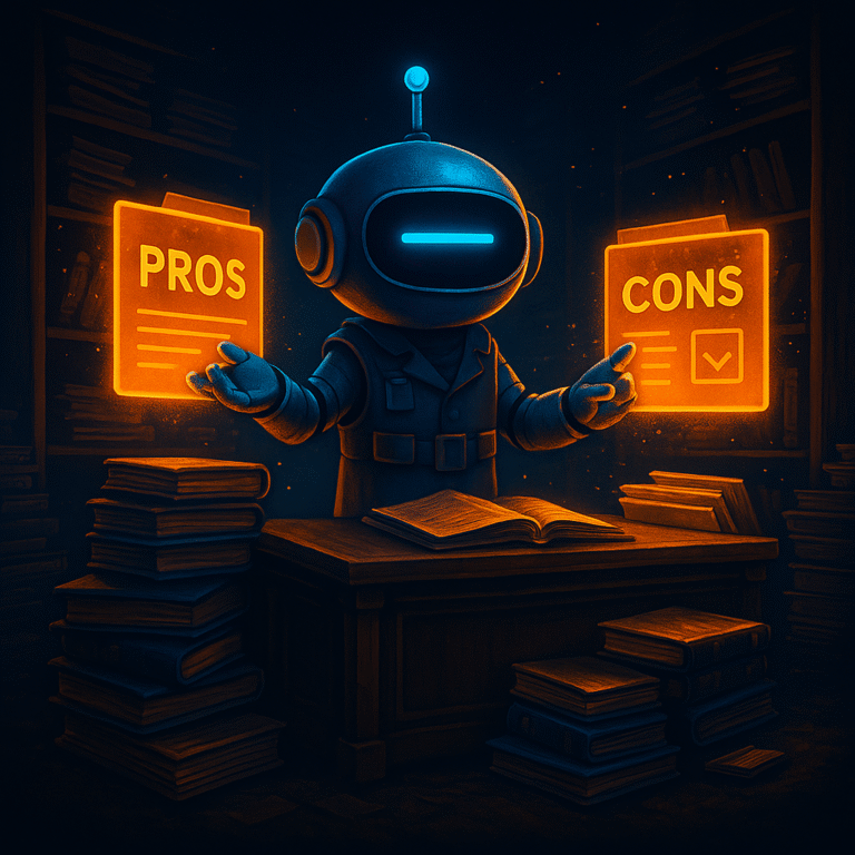 AInstain robot with a single long cyan dash eye stands in a dim archive pointing to glowing orange “Pros” and “Cons” holographic panels above a wooden desk, surrounded by stacks of books in cinematic lighting.