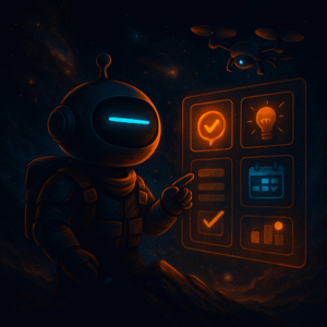 AInstain robot in mountaineer gear with a single long cyan dash eye stands on a rocky peak, pointing to a glowing holographic dashboard of task, idea, calendar, and chart icons, while a drone hovers above in a cosmic background.