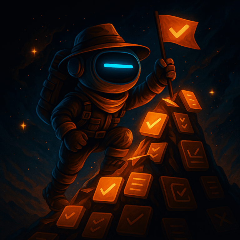 AInstain robot in mountaineer gear with a glowing cyan dash eye stands on a summit of illuminated task cards, planting an orange flag under a cosmic sky in dramatic lighting.