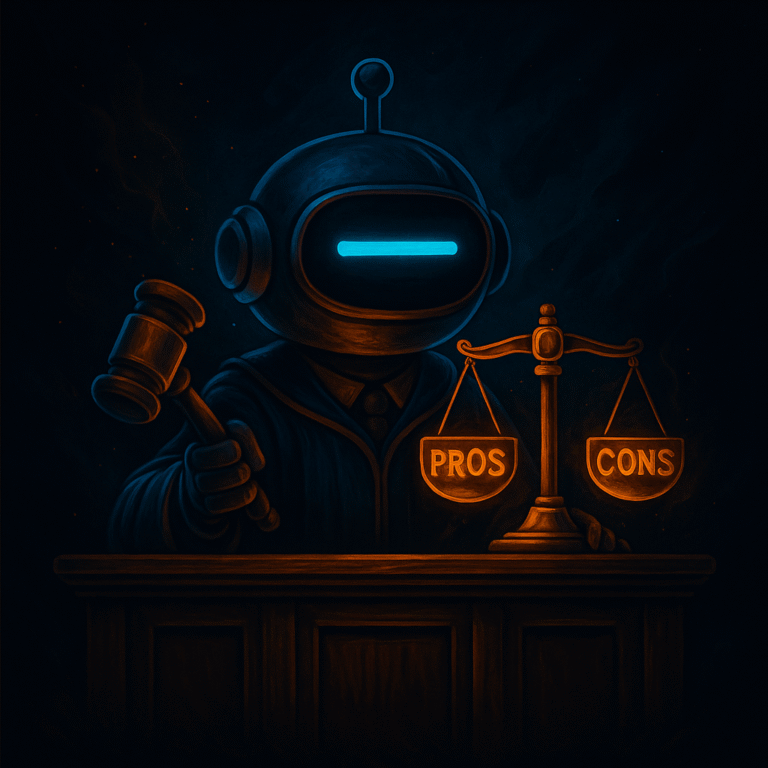 AInstain robot judge with a single long cyan dash eye stands at a wooden bench, holding a gavel and a glowing scale weighing “PROS” and “CONS” against a cosmic sci-fi background.