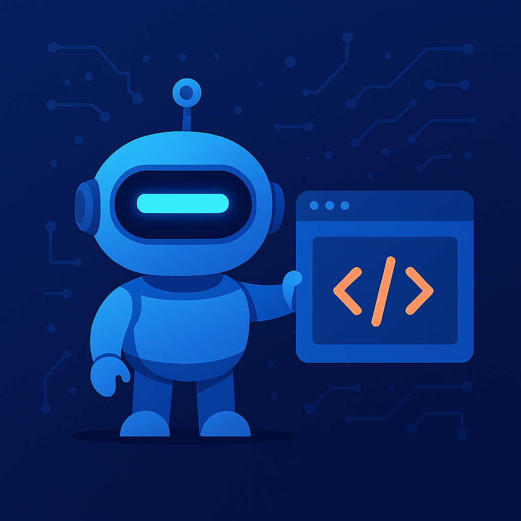 AI robot mascot holding a code editor window with on a dark blue circuit-patterned background.