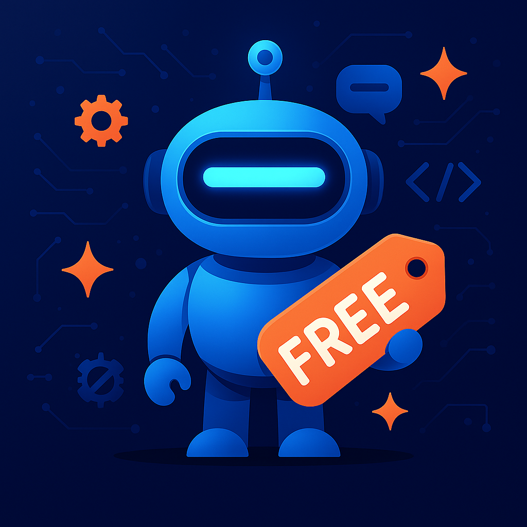 AI robot mascot holding an orange price tag labeled “FREE!” on a dark blue circuit-patterned background.