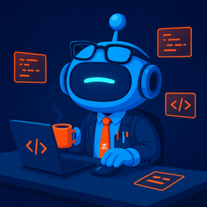 AInstain the robot with glasses and a pocket protector codes on a laptop, holding a coffee mug as code suggestion panels glow around him.