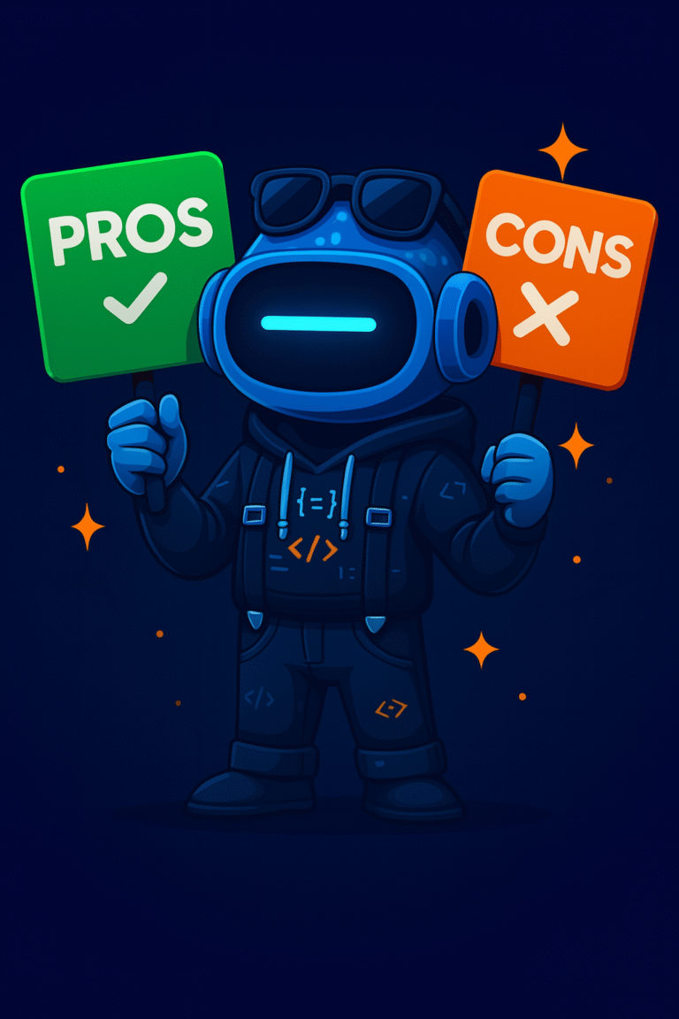 Friendly robot mascot AInstain holding a PROS and CONS sign, dressed like a coding nerd, in a glowing tech-themed background