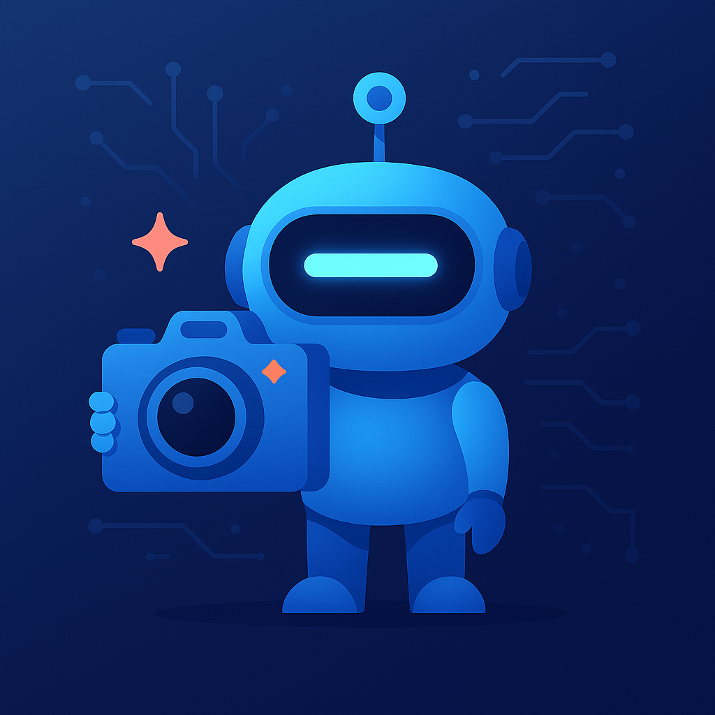 Consistent AI robot mascot holding a camera icon on a dark blue circuit-patterned background.