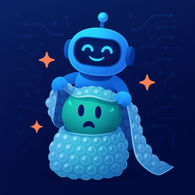 Blue robot mascot smiling and holding bubble wrap around a green ChatGPT avatar with a surprised expression on a dark blue circuit-patterned background.
