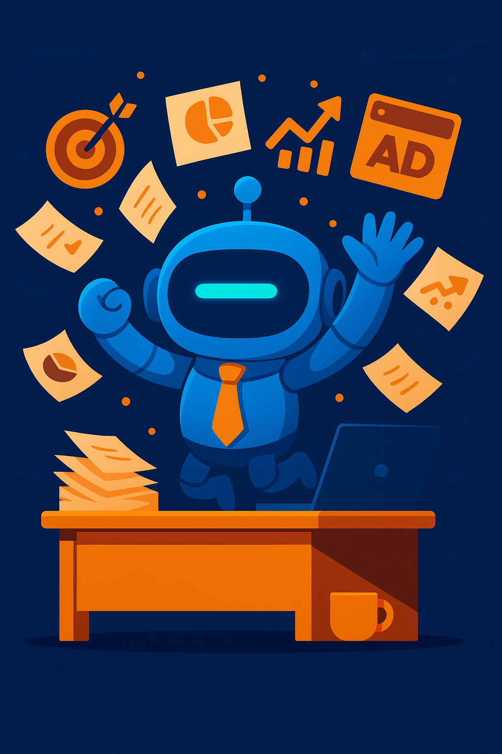 AInstain the blue robot mascot jumping behind a desk, throwing marketing papers in the air with joy, surrounded by charts and ads