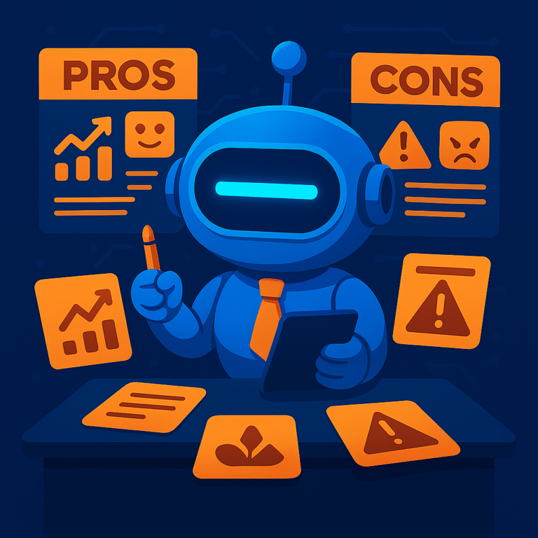 AInstain the robot reviewing pros and cons of Jasper AI at a desk, with floating UI panels showing positive and negative features