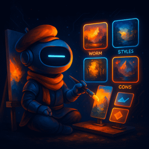 AInstain robot artist with a single long cyan dash eye wears an orange beret and scarf while painting on a digital canvas, surrounded by glowing style preset thumbnails in cinematic lighting.