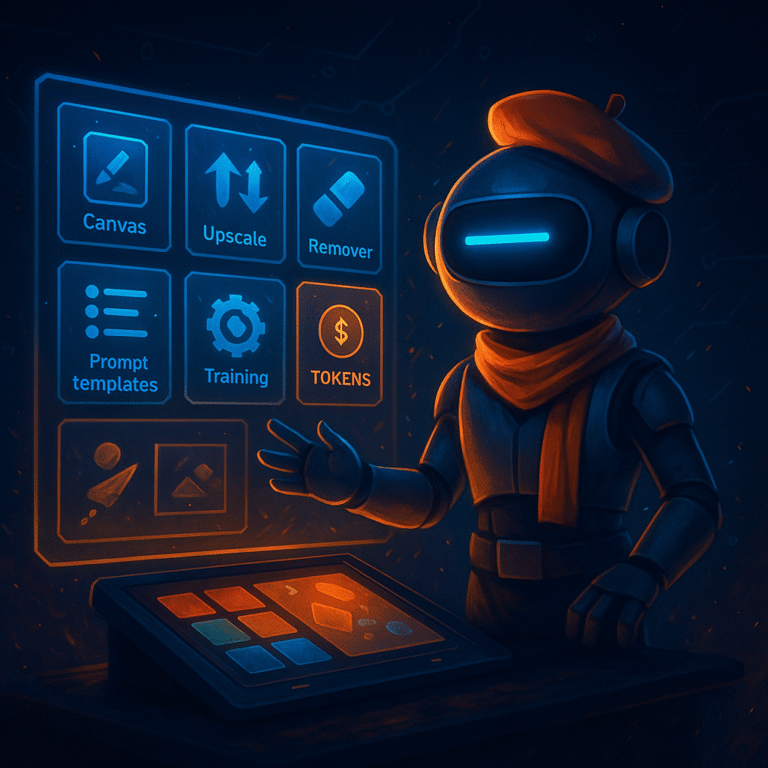 AInstain robot artist with a single long cyan dash eye gestures to a holographic interface showing Canvas, Upscale, Remover, Prompt Templates, Training, and Tokens icons in cinematic lighting.