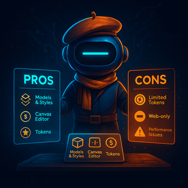 AInstain robot with a single long cyan dash eye stands behind a desk holding glowing cyan “Pros” and orange “Cons” panels showing Models & Styles, Canvas Editor, Tokens vs. Limited Tokens, Web-only, Performance Issues in cinematic lighting.