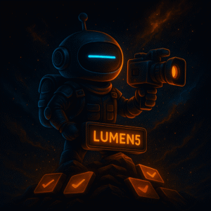 AInstain robot with a single long cyan dash eye grips a video camera labeled “LUMEN5,” standing on illuminated platforms under a cosmic sky.
