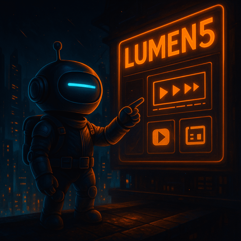 AInstain robot with a single long cyan dash eye stands on a rooftop at night, pointing to a neon “LUMEN5” billboard with video icons against a cyberpunk cityscape.