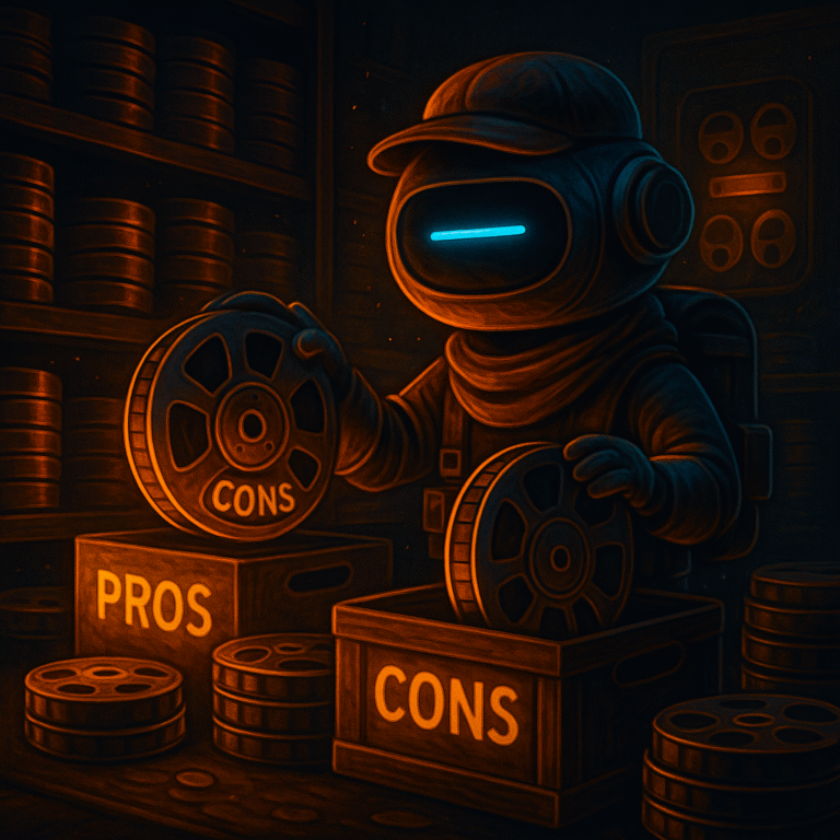 AInstain robot archivist with a single long cyan dash eye places a film reel labeled “CONS” into a crate while another crate labeled “PROS” sits nearby among stacks of reels in a dim sci-fi archive.