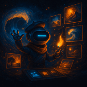 AInstain robot artist with a single long cyan dash eye waves a cosmic wave and ignites a fiery brushstroke, surrounded by floating AI art thumbnails in cinematic blue-orange lighting.