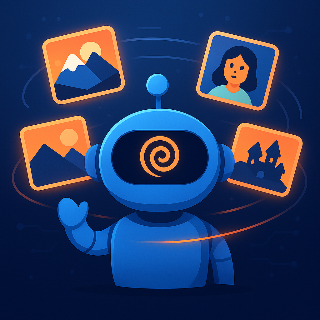 AInstain, the blue AI mascot, stands overwhelmed as glowing image thumbnails swirl horizontally around his head; his eye appears as one big spiral.