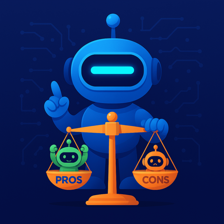 AInstain the AI mascot stands beside a digital scale weighing Midjourney’s pros and cons, with one robot happily surrounded by art and another frustrated by tools and prompts.