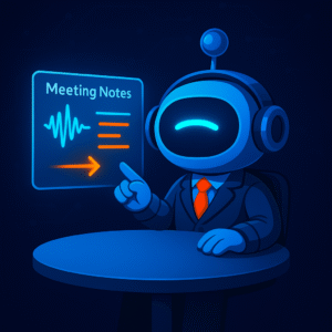 AInstain the robot points to a holographic panel showing audio waves and summarized meeting notes, illustrating Notion AI’s meeting recap feature.