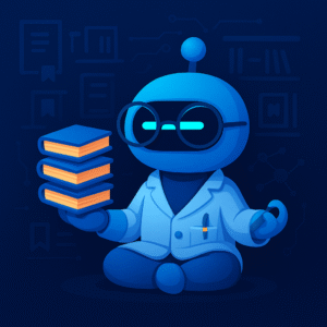 AInstain robot professor with a single cyan dash eye wears a navy graduation cap and gown, holding a wooden pointer toward floating orange book glyphs, standing beside a stack of books on a dark-blue tech-patterned backdrop.