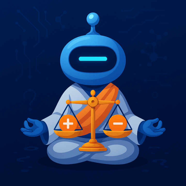AInstain robot with a single glowing cyan dash for an eye sits cross-legged in a robe with orange trim, holding a golden balanced scale with plus and minus symbols against a dark-blue circuit-patterned background.