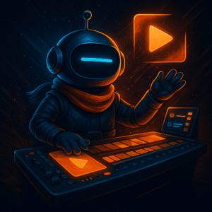 AInstain robot with a single long cyan dash eye operates a glowing video editing console, surrounded by clip thumbnails and a floating play icon in cinematic blue-orange lighting.