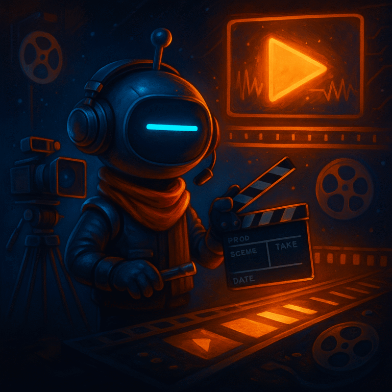 AInstain robot with a single long cyan dash eye brushes a glowing video play icon on a console, surrounded by floating video previews and audio waveforms in cinematic lighting.