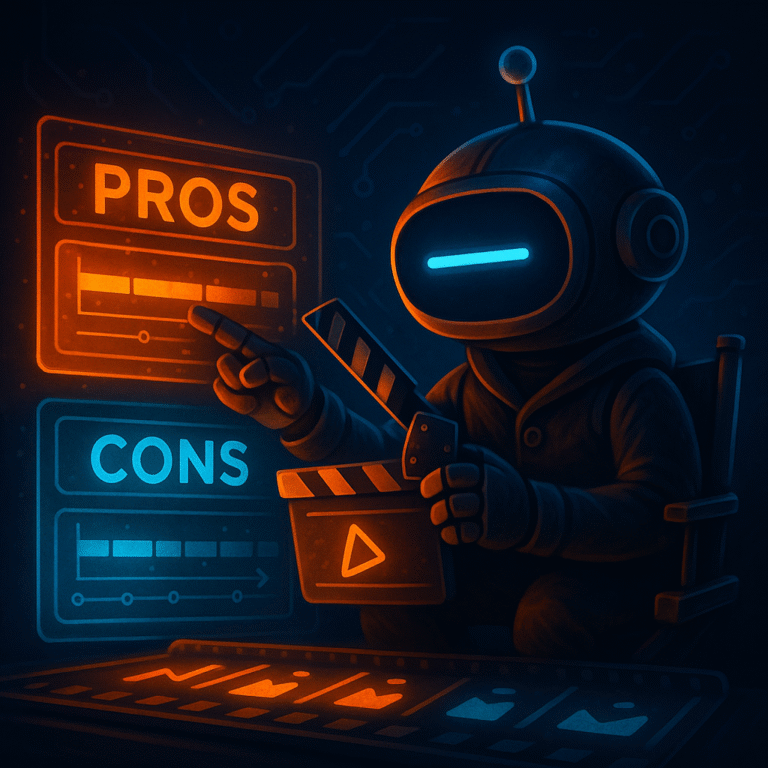 AInstain robot director with a single long cyan dash eye sits in a director’s chair, pointing at holographic orange “Pros” and blue “Cons” timeline panels on a futuristic console in cinematic lighting.