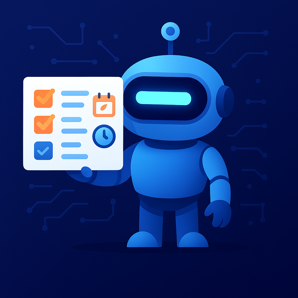 AI robot mascot holding a productivity dashboard with checkboxes, calendar, and clock icons on a dark blue circuit-patterned background.