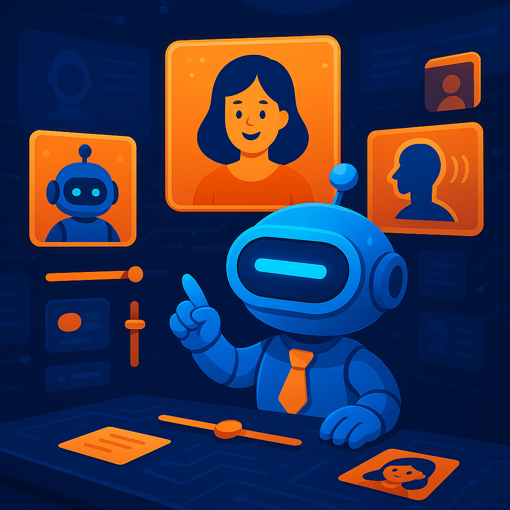 AInstain in a virtual studio generating human-like avatars with floating digital video UI panels