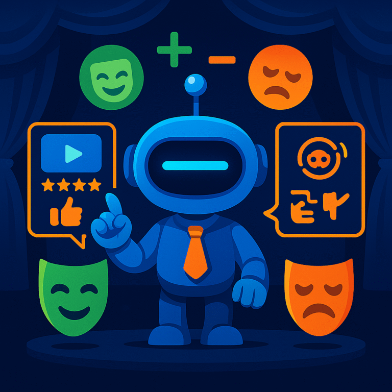 AInstain the robot stands on stage with floating happy and sad theater masks showing pros and cons of Synthesia AI video tool