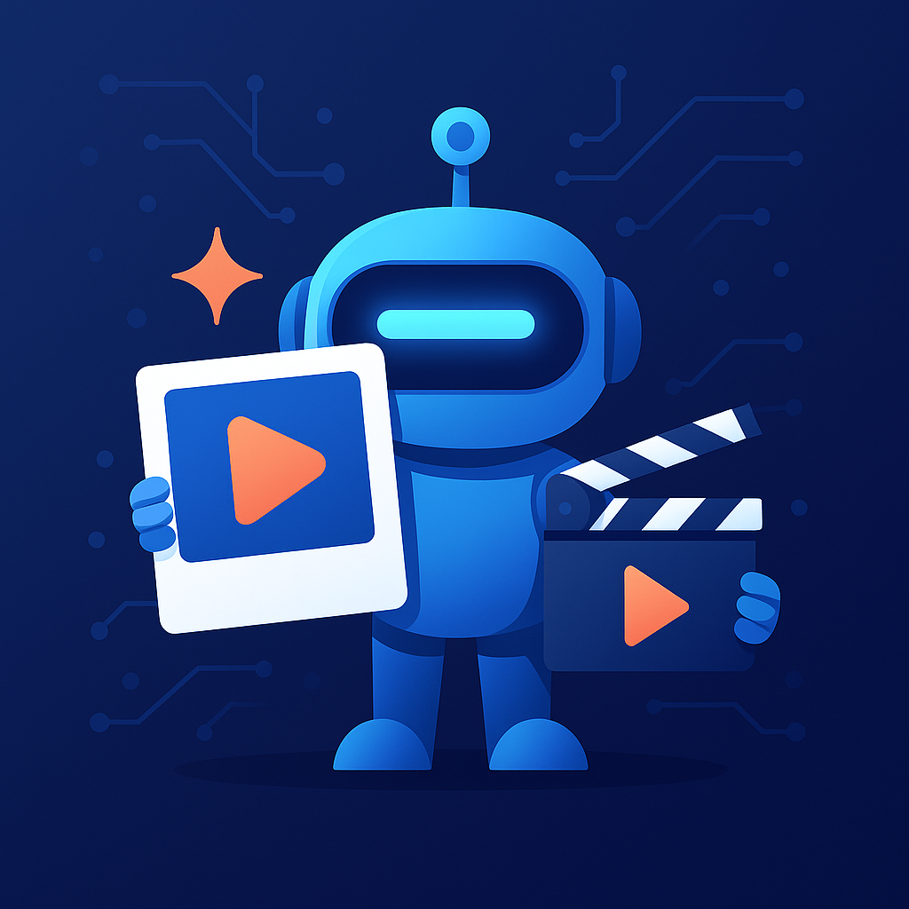 Consistent AI robot mascot holding a play button print and clapperboard against a dark blue circuit-patterned background.