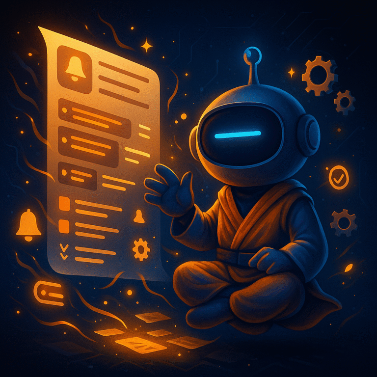 AInstain robot with a single long cyan dash eye floats beside a glowing orange holographic document filled with writing interface icons in cinematic sci-fi lighting.