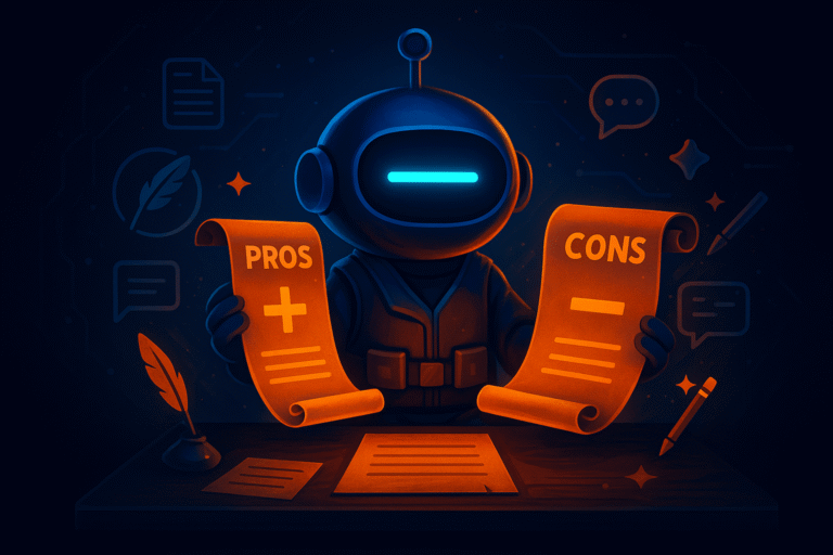 AInstain robot with a single long cyan dash eye stands behind a desk holding glowing orange “Pros” and “Cons” scrolls, surrounded by writing icons in cinematic blue-orange lighting.