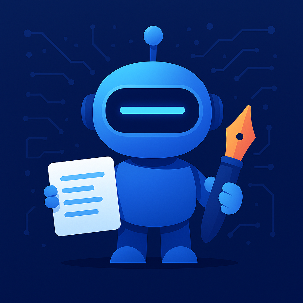 AI robot mascot with strip-style visor holding a fountain pen and paper on a dark blue circuit-patterned background.