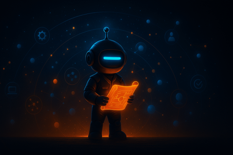 Wide hero banner of AInstain, a robot with one cyan dash eye, holding a glowing orange blueprint amid cyan constellation arcs on a dark sci-fi background.
