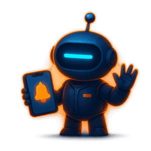 Transparent PNG of AInstain, a flat-tech robot mascot with one cyan dash eye, waving and holding a phone showing a bell icon, outlined by orange glow.