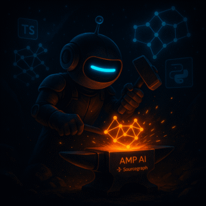Robot mascot with a single cyan dash eye hammers a bright orange code-graph shape on a sci-fi anvil as cyan holographic graphs float behind; a small badge says “AMP AI - Sourcegraph.”