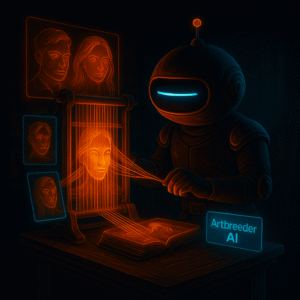 Robot mascot with a single cyan dash eye weaves glowing light threads on a holographic loom, combining two portrait panels into a new face; small “Artbreeder AI” badge on the table.