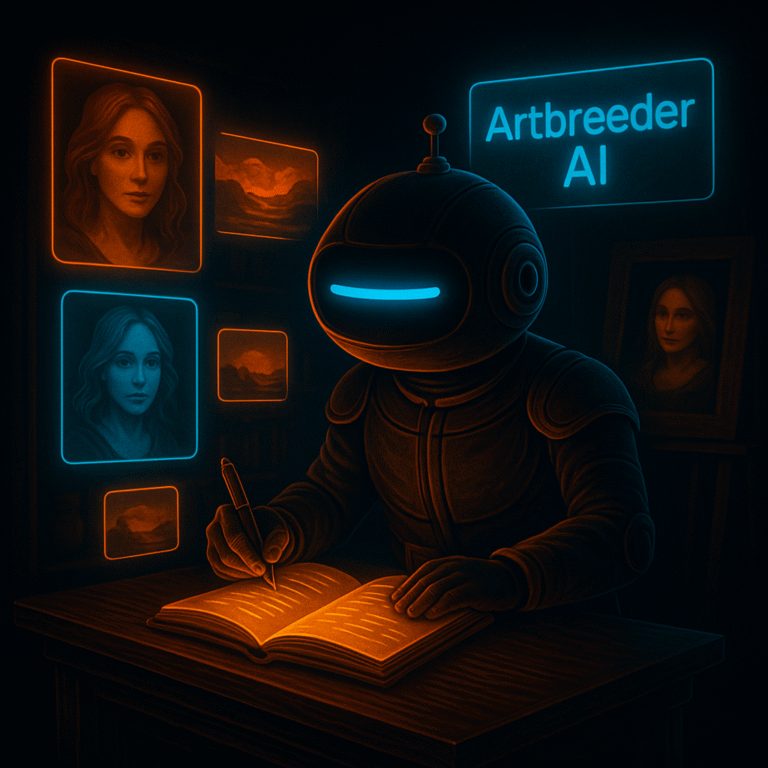 A flat-tech robot mascot with a single cyan dash eye sits at a wooden desk in a dark futuristic art gallery, writing in an illuminated orange journal surrounded by floating cyan and orange holographic portraits and an “Artbreeder AI” sign glowing above.