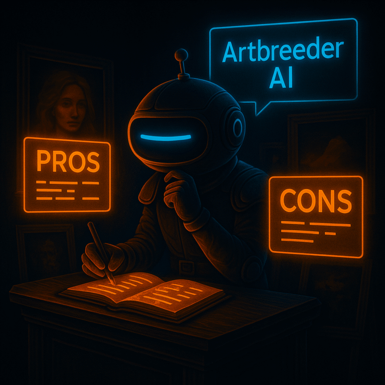 A flat-tech robot mascot with a single cyan dash eye sits at a wooden desk in a dark futuristic gallery, writing in an illuminated orange journal while orange “PROS” and “CONS” holographic panels hover nearby and a cyan “Artbreeder AI” sign glows above.