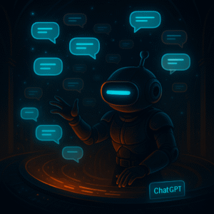 Robot mascot with a single cyan dash eye controls a circular holographic console as cyan chat bubbles float around; a small holographic label says “ChatGPT.”